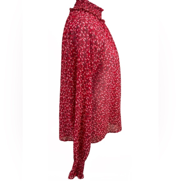 GAP Red & White Dainty Floral Chiffon Long Sleeve Mock Neck Ruffle Blouse XS - Picture 3 of 8